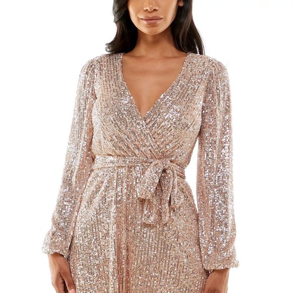 EMERALD SUNDAE Juniors' Puff-Shoulder Sequin A-line Dress Blush Gold Size XS - Picture 1 of 5